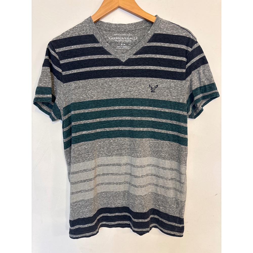 American Eagle Mens V-Neck T-Shirt Medium Athletic Fit Striped Grey Blue Teal